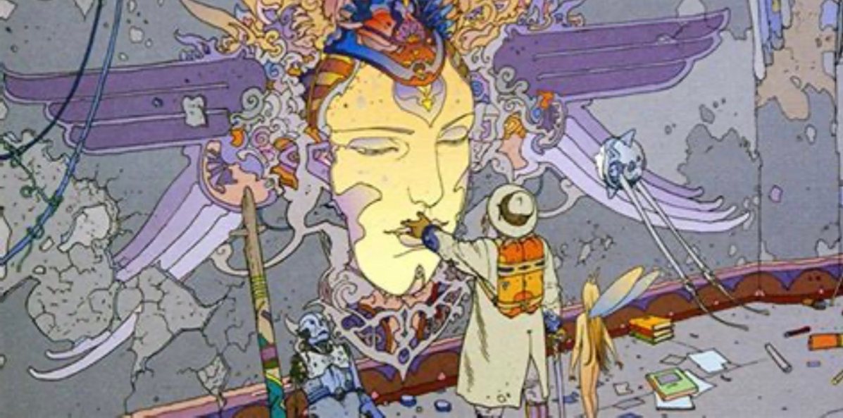 Surreal science-fiction illustration of an explorer reaching toward an enormous serene face amid futuristic ruins and strange machines.