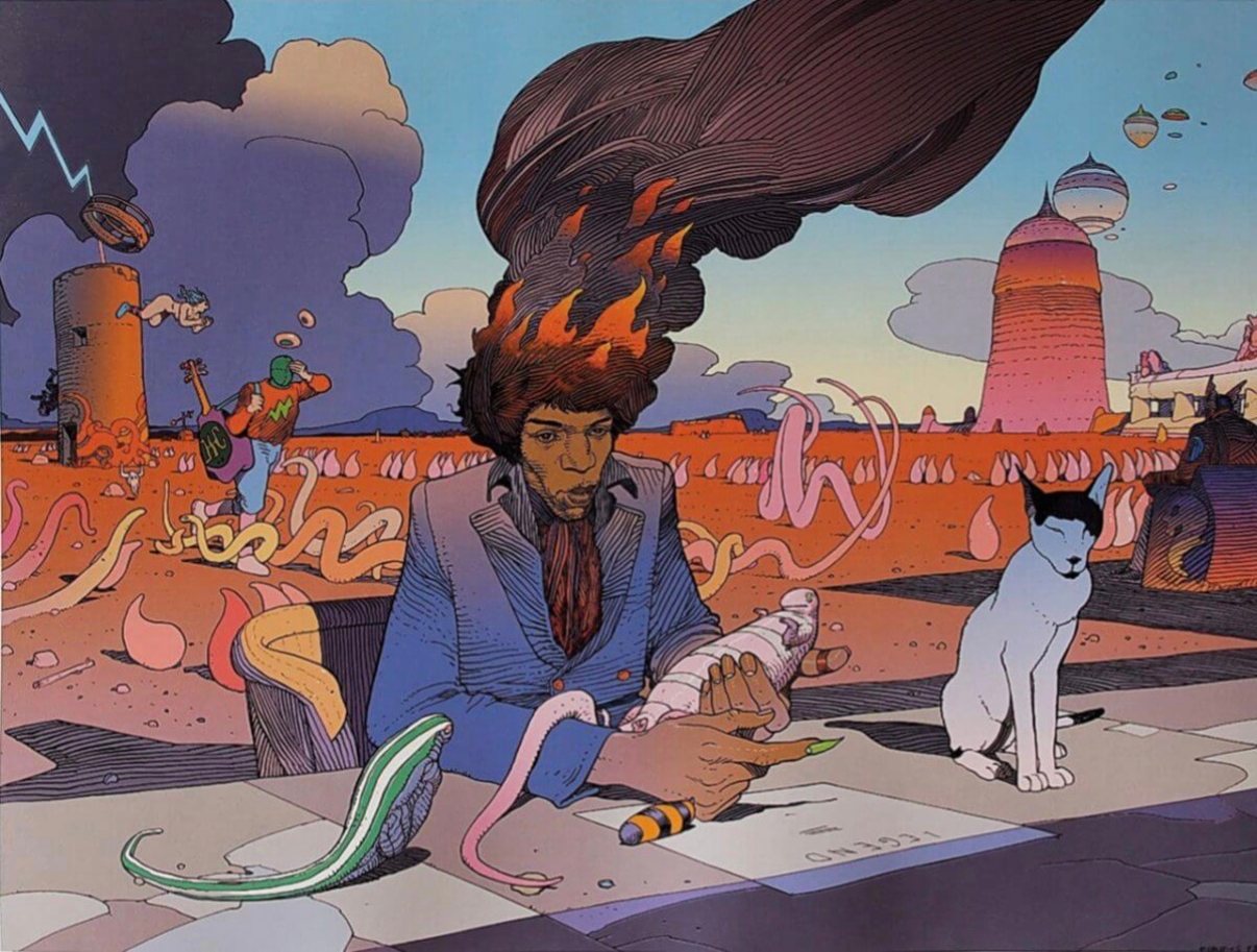 Surreal science-fiction illustration of a musician seated at a table in an alien landscape, accompanied by a cat and strange organic forms.
